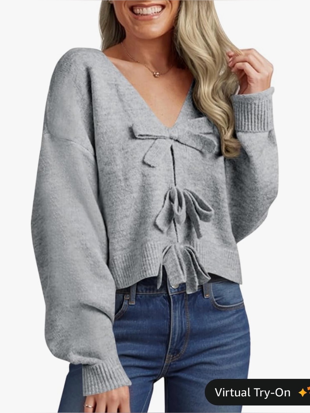 Women’s Gray Knit Sweater with Front Bows